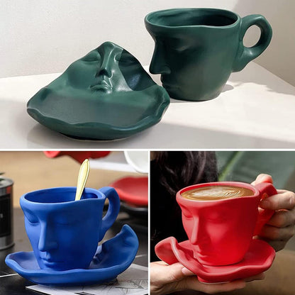 Metal Touching Face Creative Ceramic Kiss Coffee Cup, Artistic Vibe Mug & Saucer Set | Bowlift
