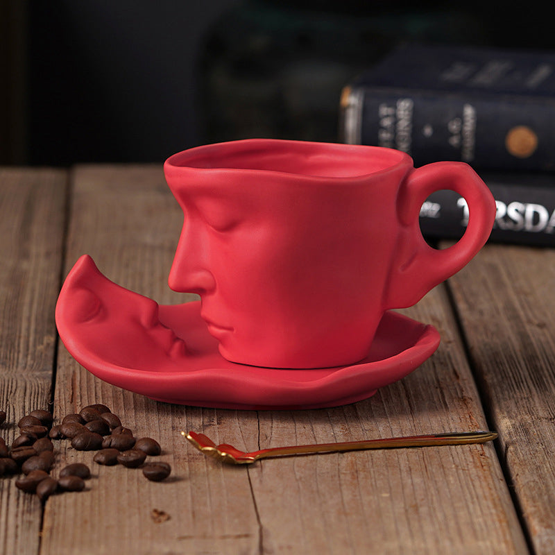 Metal Touching Face Creative Ceramic Kiss Coffee Cup, Artistic Vibe Mug & Saucer Set | Bowlift
