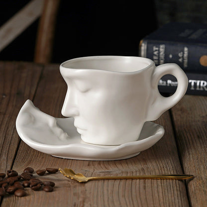 Metal Touching Face Creative Ceramic Kiss Coffee Cup, Artistic Vibe Mug & Saucer Set | Bowlift