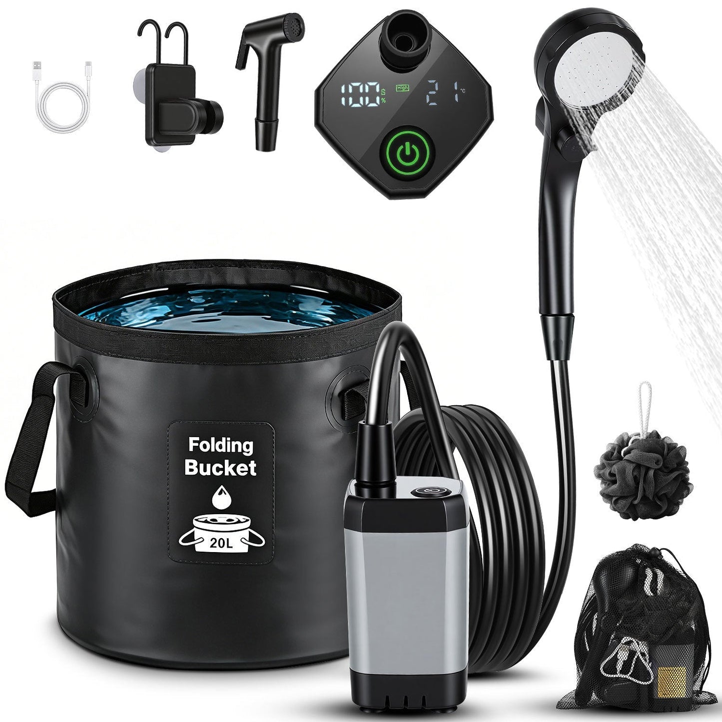 Portable Camping Shower Battery-Powered Outdoor Shower with 20L Collapsible Bucket | Skanto
