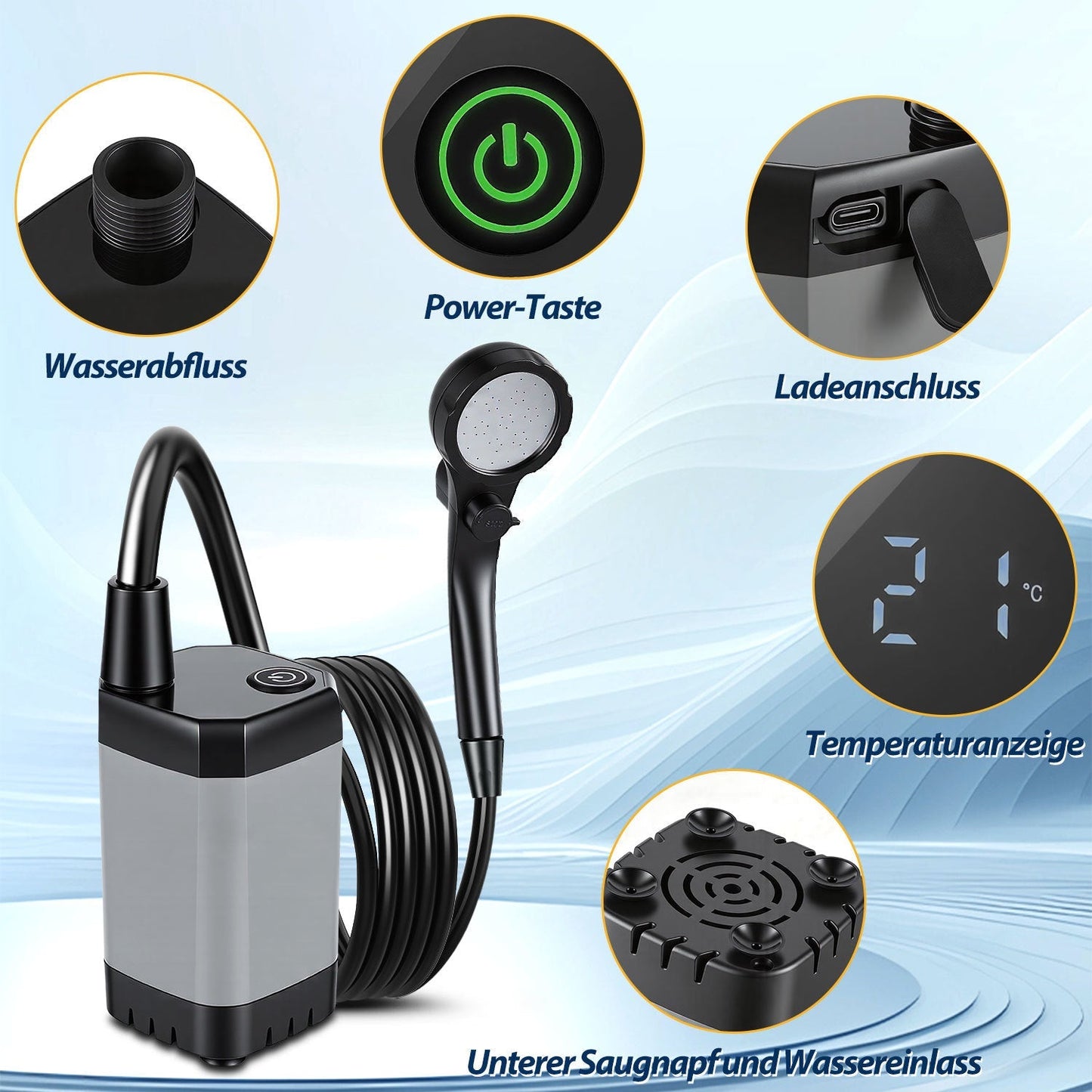 Portable Camping Shower Battery-Powered Outdoor Shower with 20L Collapsible Bucket | Skanto