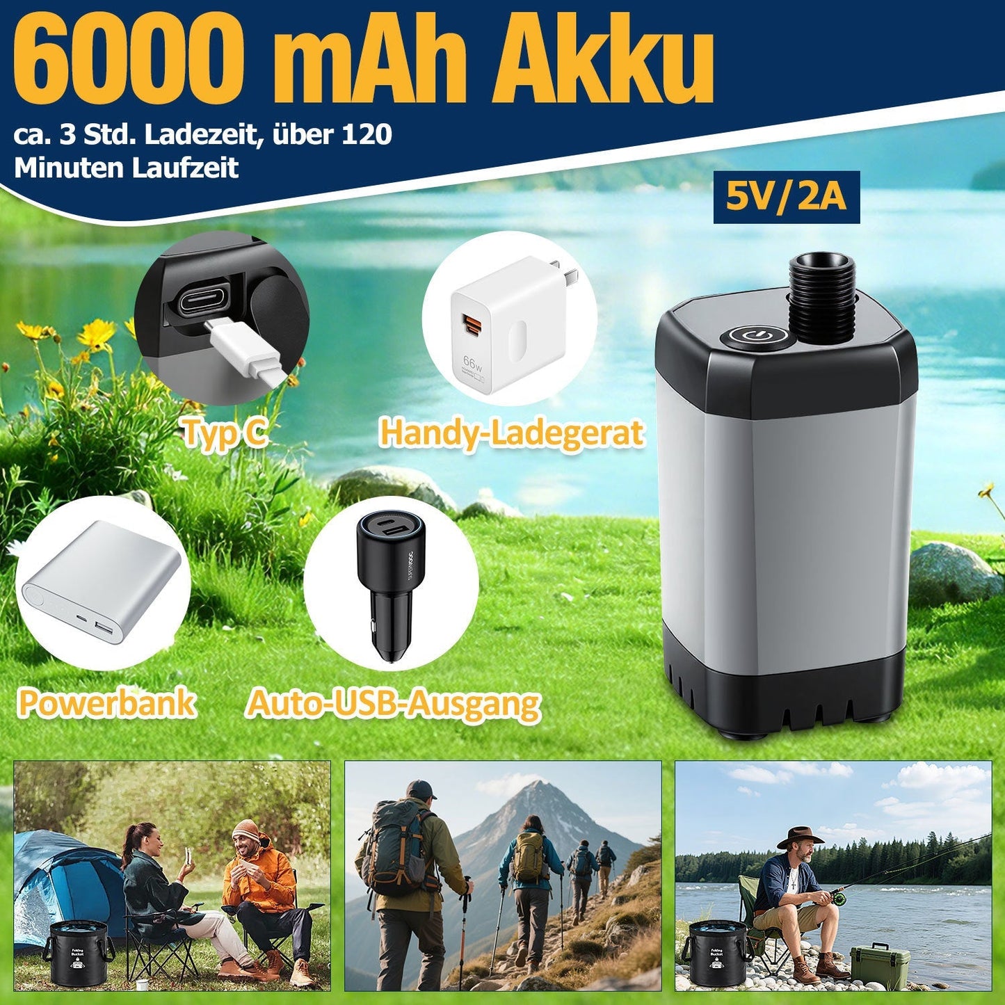 Portable Camping Shower Battery-Powered Outdoor Shower with 20L Collapsible Bucket | Skanto