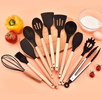 BowLift | Non-Toxic BPA-Free Silicone Cooking Utensil Set with Wooden Handles Lattea