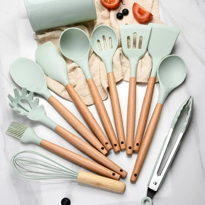 BowLift | Non-Toxic BPA-Free Silicone Cooking Utensil Set with Wooden Handles Lattea