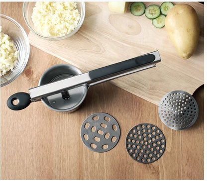 Stainless steel potato ricer with 3 interchangeable fineness discs | Karnz