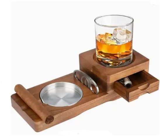 BowLift | CigarOak Ashtray with Whiskey Holder – Luxury Wooden Tray for Cigar Lovers
