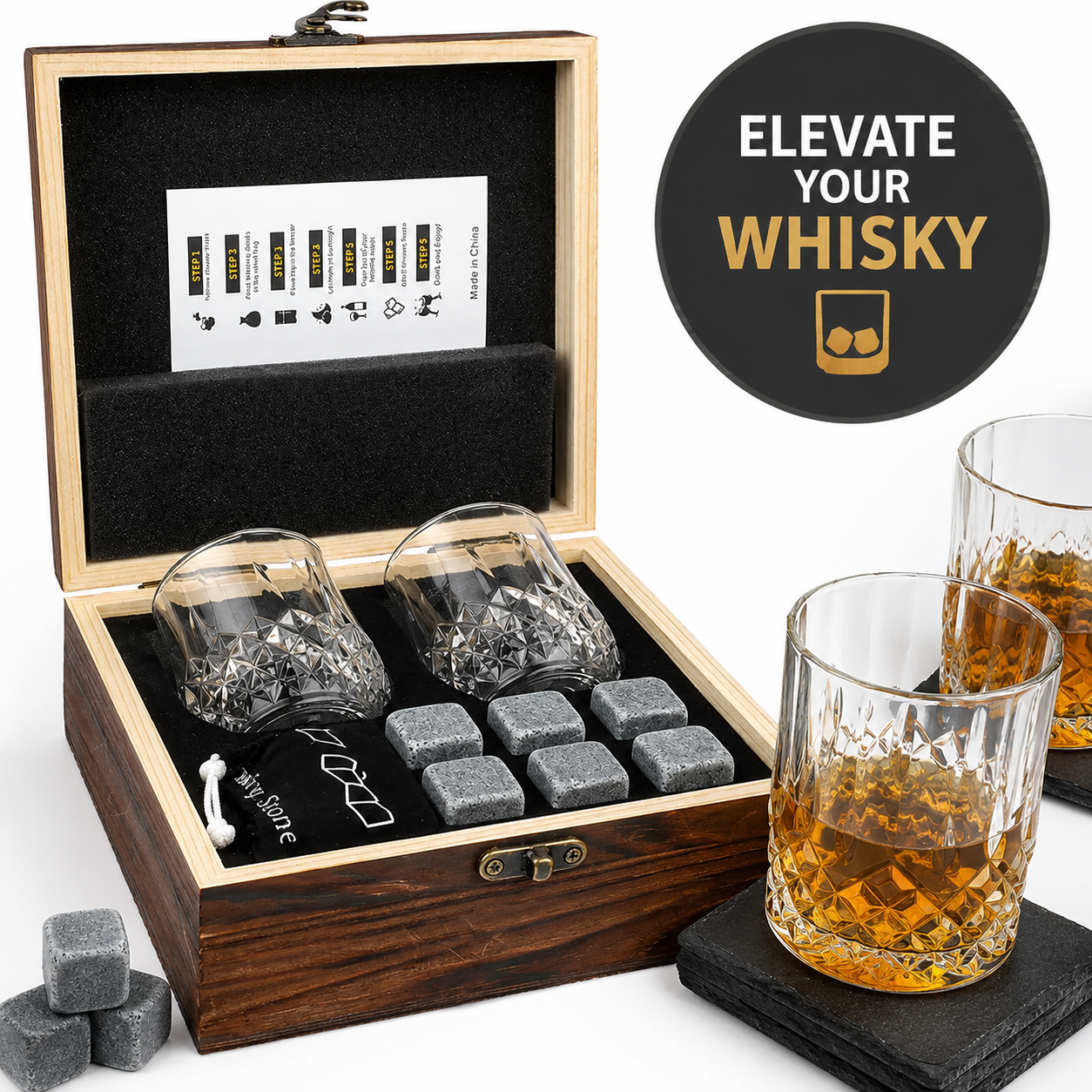 Cut crystal whiskey glasses gift set with reusable chilling stones and wooden presentation box Bowlift