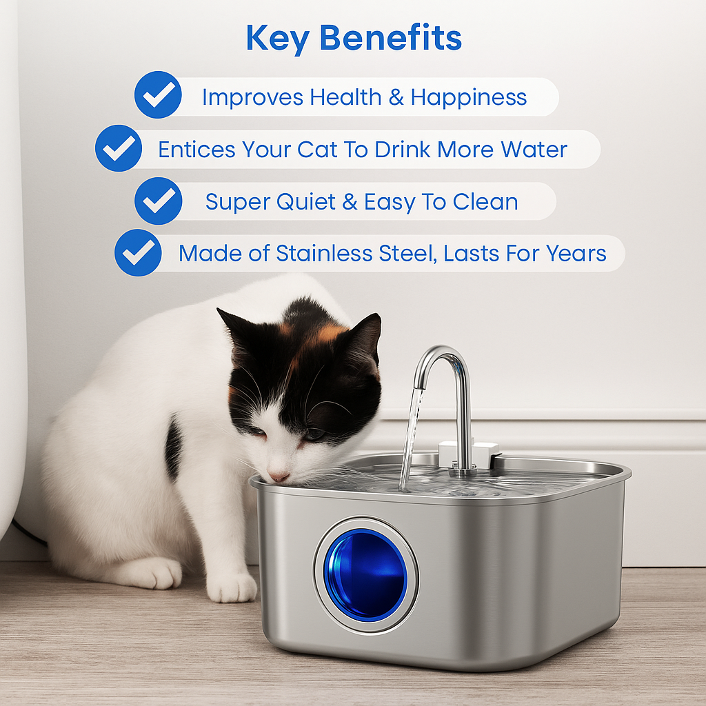 Skanto | Skanto Felindra Cat Water Fountain | Stainless Steel | Flowing Water for Better Hydration | Quiet & Hygienic | 2,5 L Capacity