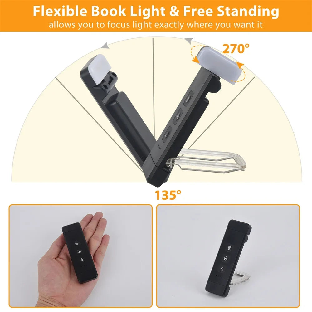 Skanto | Clip-on Light for Books, USB Rechargeable Reading Light with Timer, Portable LED Bookmark Light for Bedside and Desk
