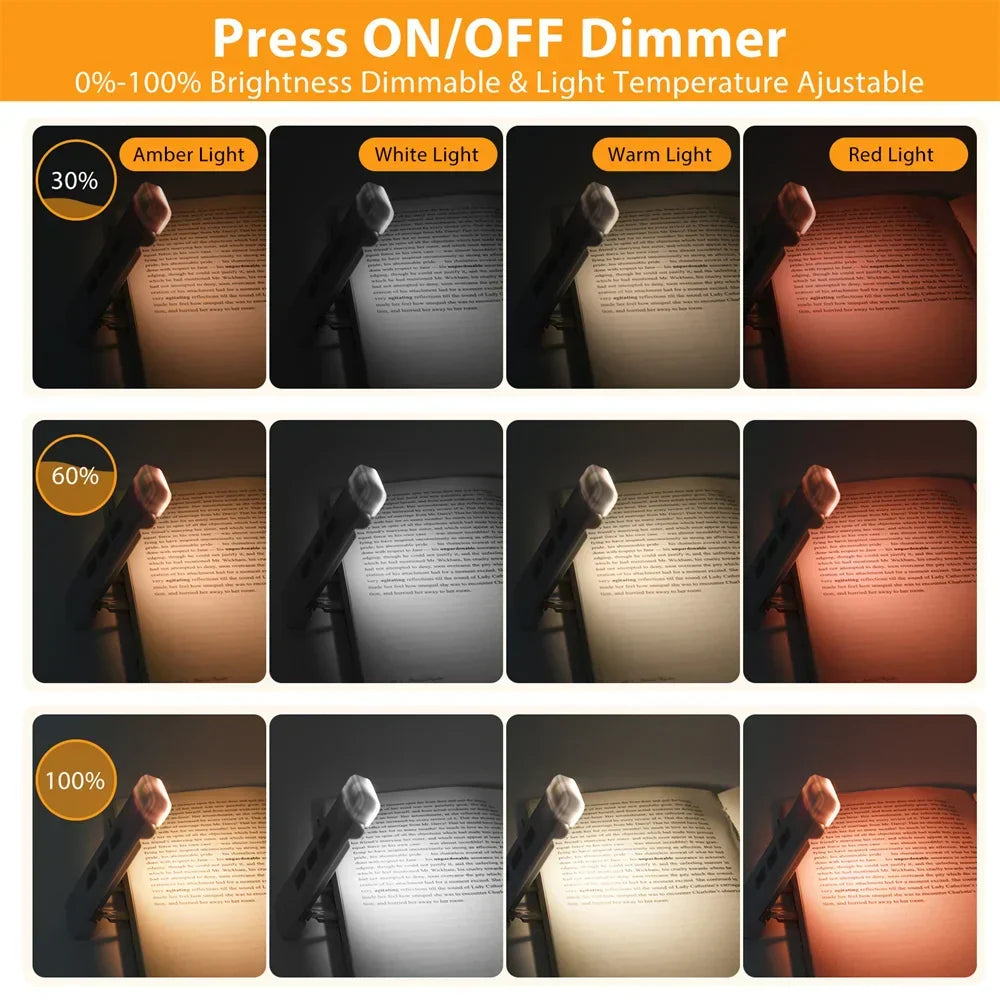 Skanto | Clip-on Light for Books, USB Rechargeable Reading Light with Timer, Portable LED Bookmark Light for Bedside and Desk