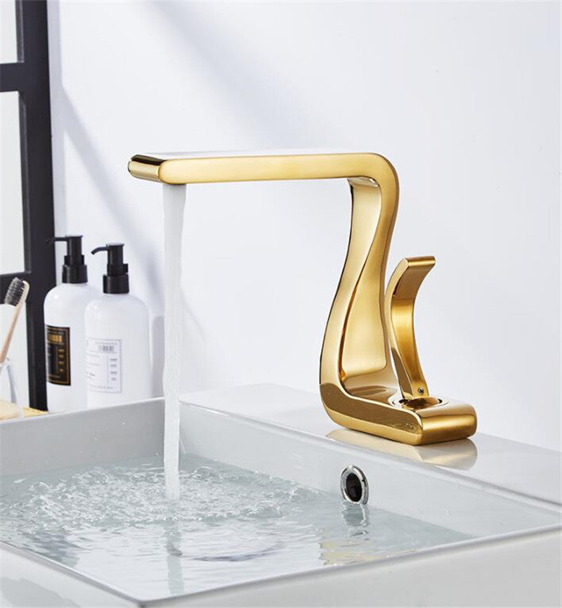 Polished Gold Bathroom Sink Faucet Single Handle Luxury Brass White Modern One Hole