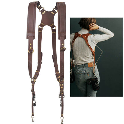 Skanto | Quick Release Anti-Slip Double Shoulder Leather Harness Camera Strap with Metal Hook for SLR/DSLR Cameras (Brown)