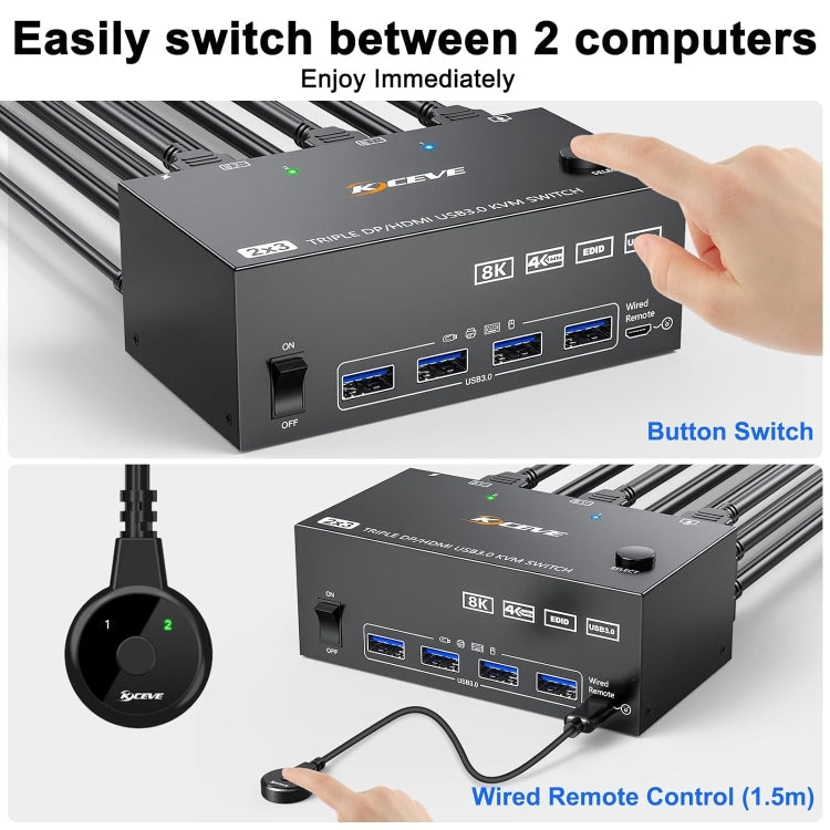 Skanto | KC-KVM203DH 8K 30Hz USB3.0 DP+DP+HDMI Triple Monitors KVM Switch, EU Plugg