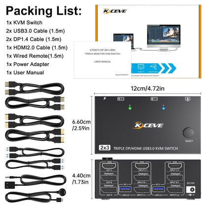 Skanto | KC-KVM203DH 8K 30Hz USB3.0 DP+DP+HDMI Triple Monitors KVM Switch, EU Plugg