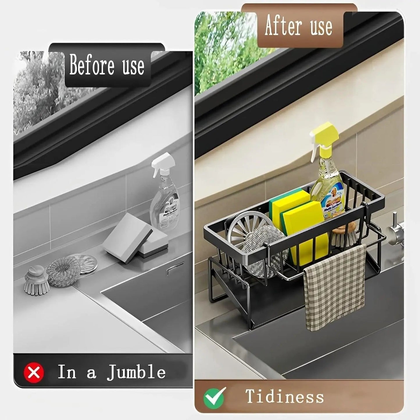 Stainless Steel Sink Organizer – With Towel Holder & Drain for tidy organization