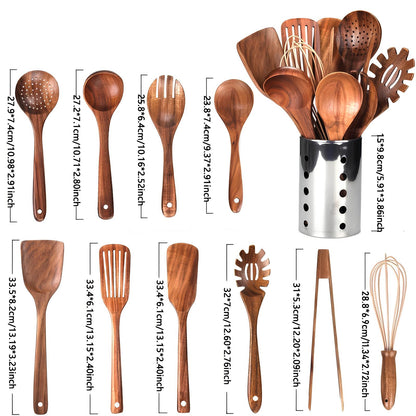 Skanto | 11-Piece Teak Kitchen Utensil Set | With Holder | Natural Wood