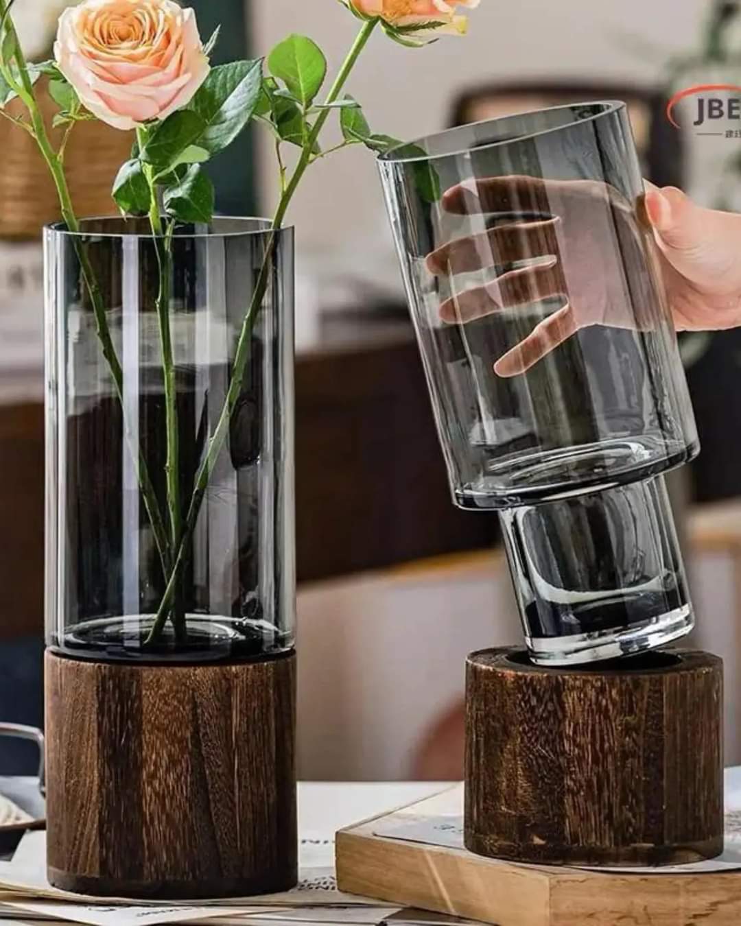 Skanto | Glass Flower Pot with Wood Base