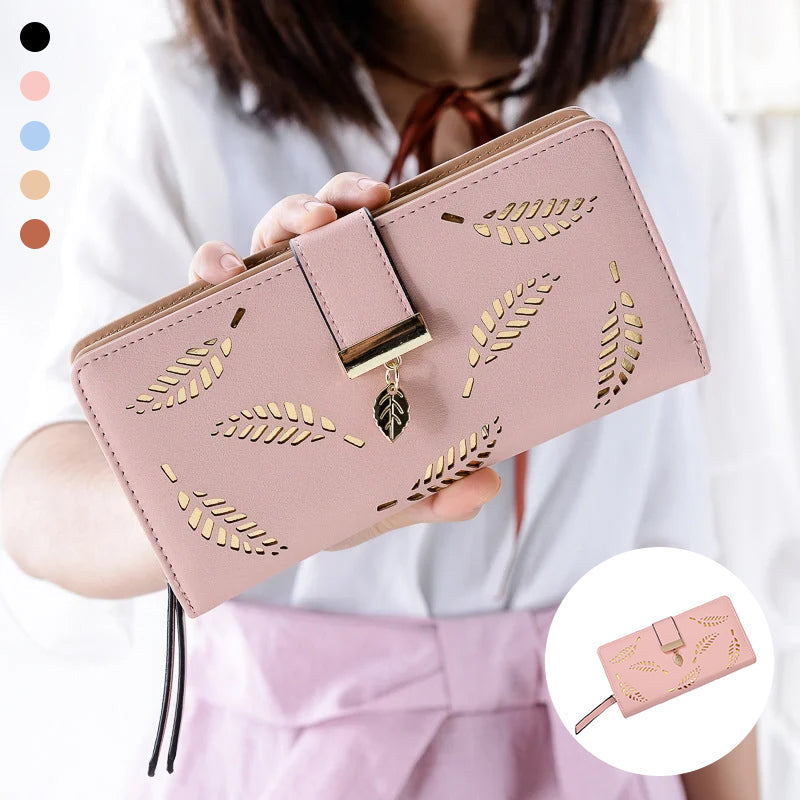 Long wallet for women with leaf pattern