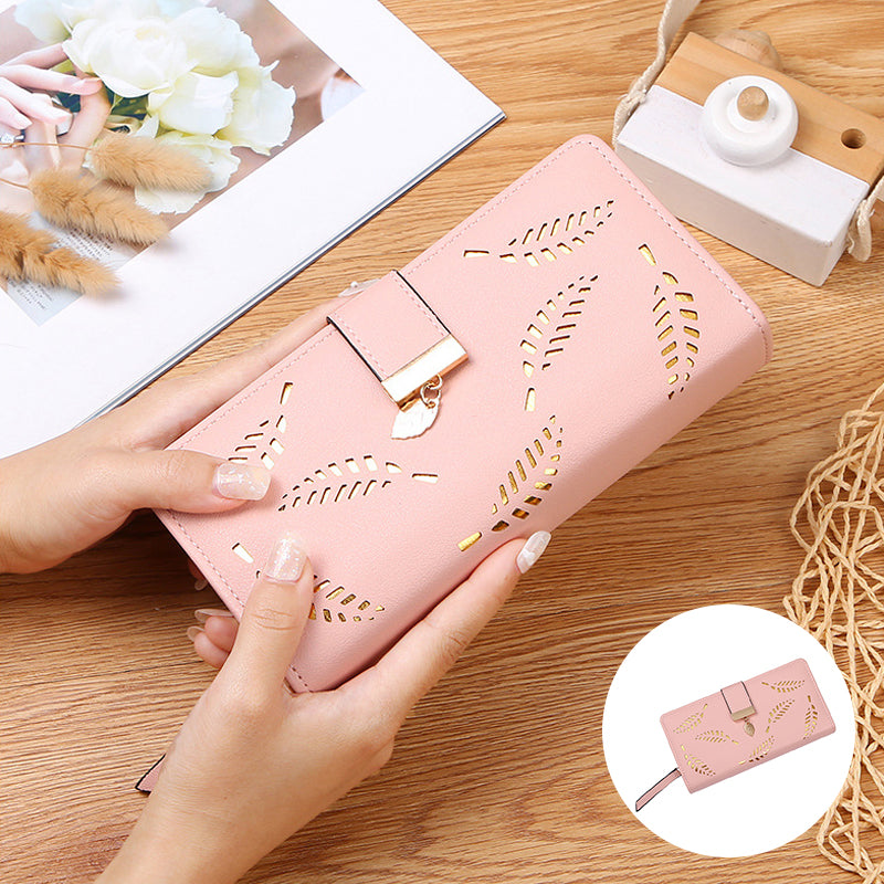 Long wallet for women with leaf pattern