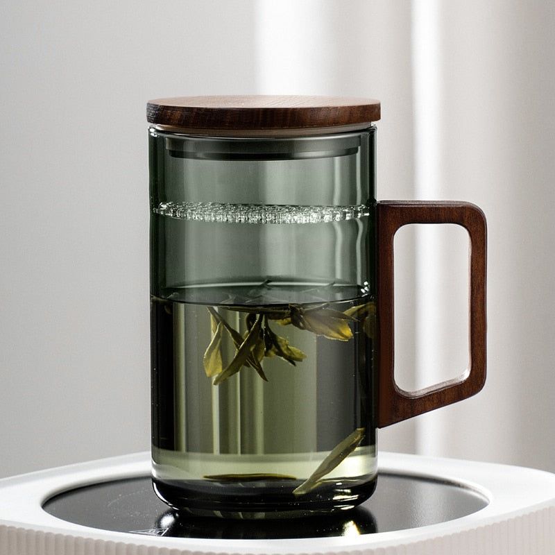 Skanto | GIANXI Teacup with Moon Filter Japanese Wood Splitter Heat-resistant Glass Cups Tea Leaf Separation Teacup Set
