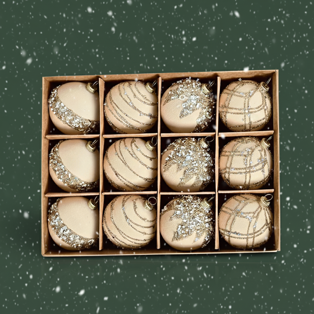 Velvet Christmas Baubles Set (12 pcs.) – Burgundy, Khaki & Green Ornaments (6cm)