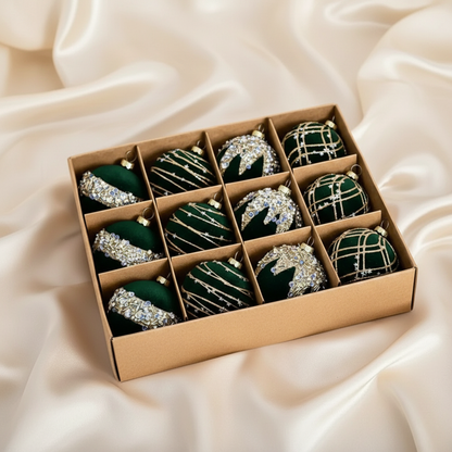 Velvet Christmas Baubles Set (12 pcs.) – Burgundy, Khaki & Green Ornaments (6cm)