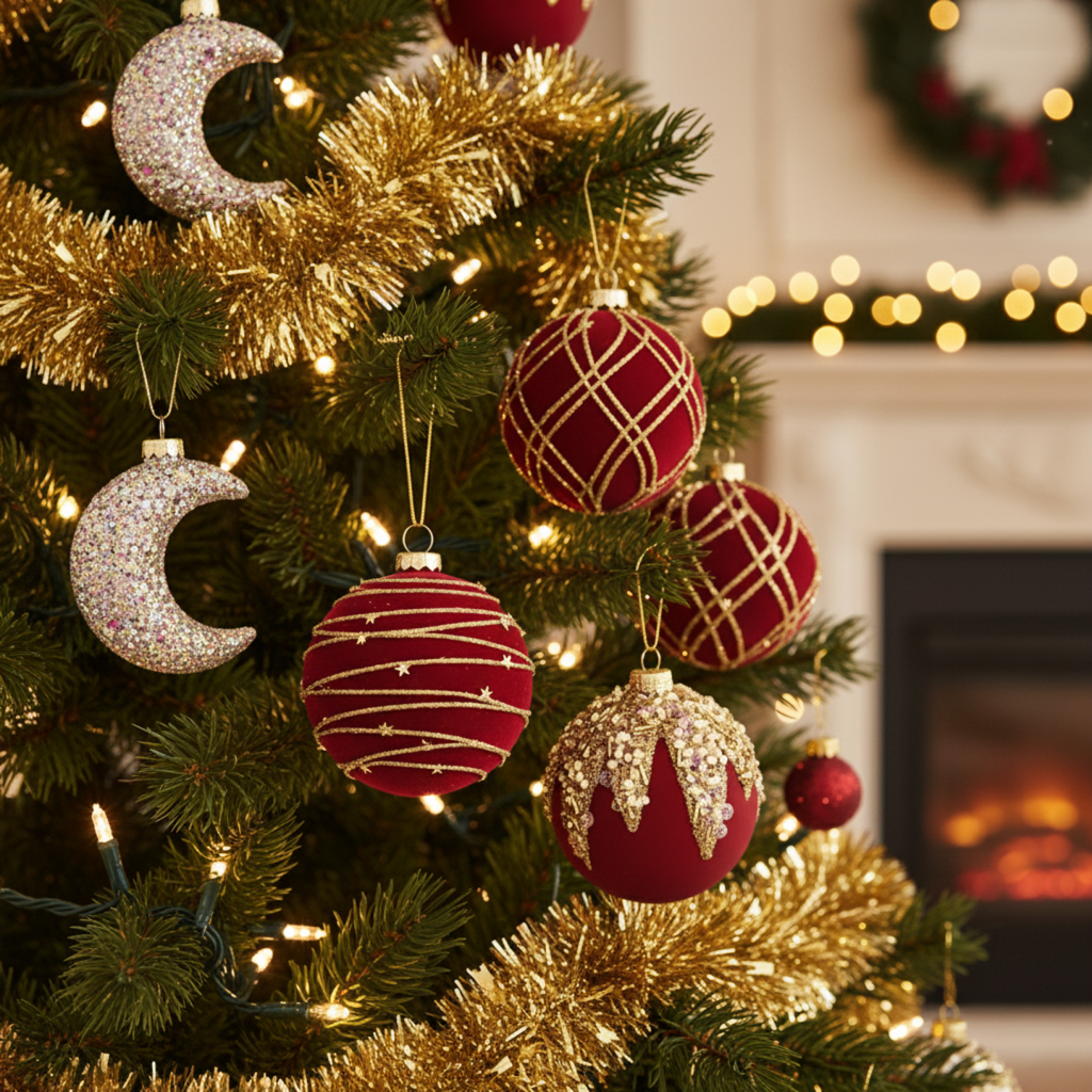 Velvet Christmas Baubles Set (12 pcs.) – Burgundy, Khaki & Green Ornaments (6cm)