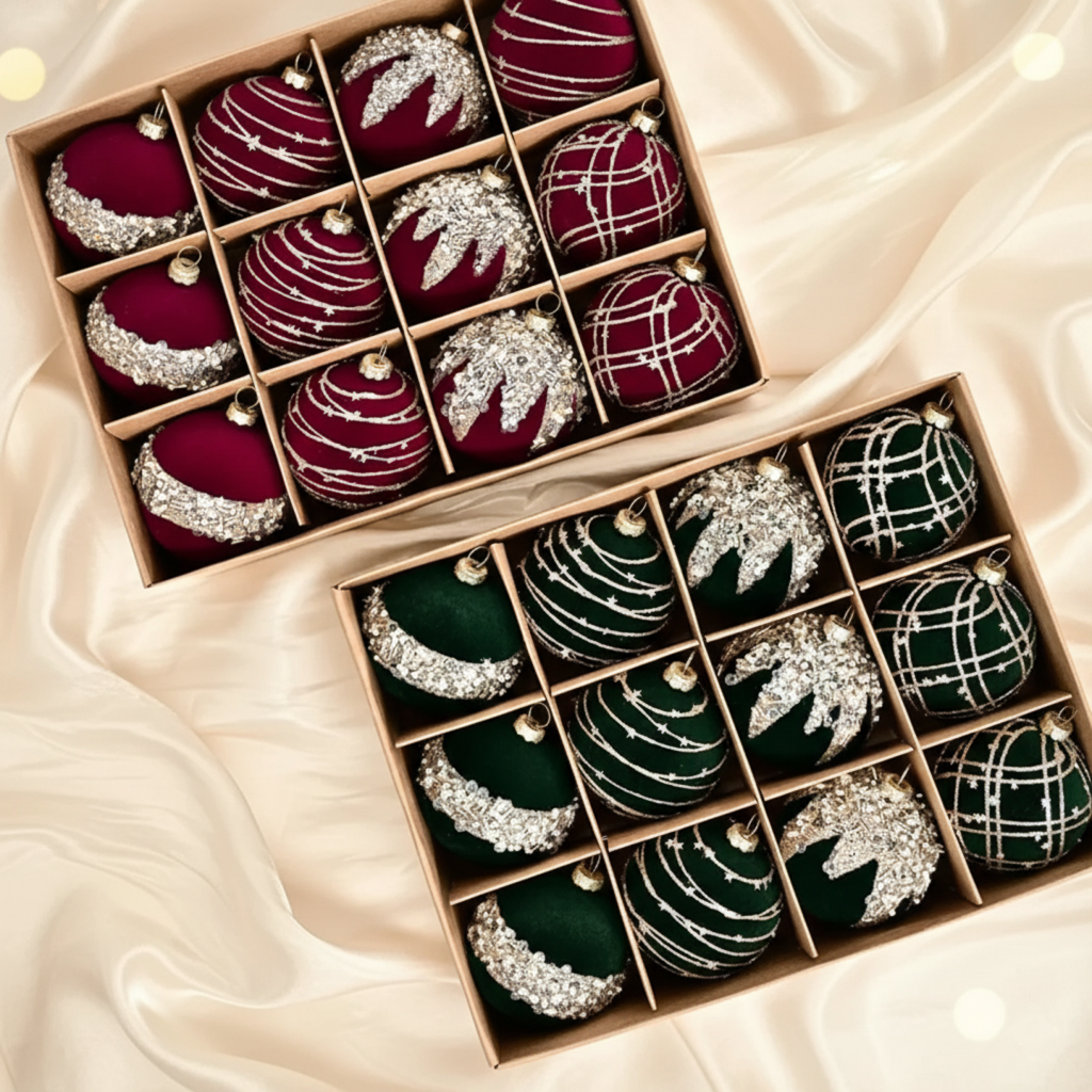 Velvet Christmas Baubles Set (12 pcs.) – Burgundy, Khaki & Green Ornaments (6cm)