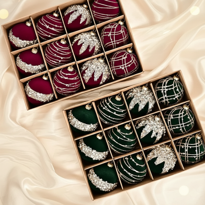 Velvet Christmas Baubles Set (12 pcs.) – Burgundy, Khaki & Green Ornaments (6cm)