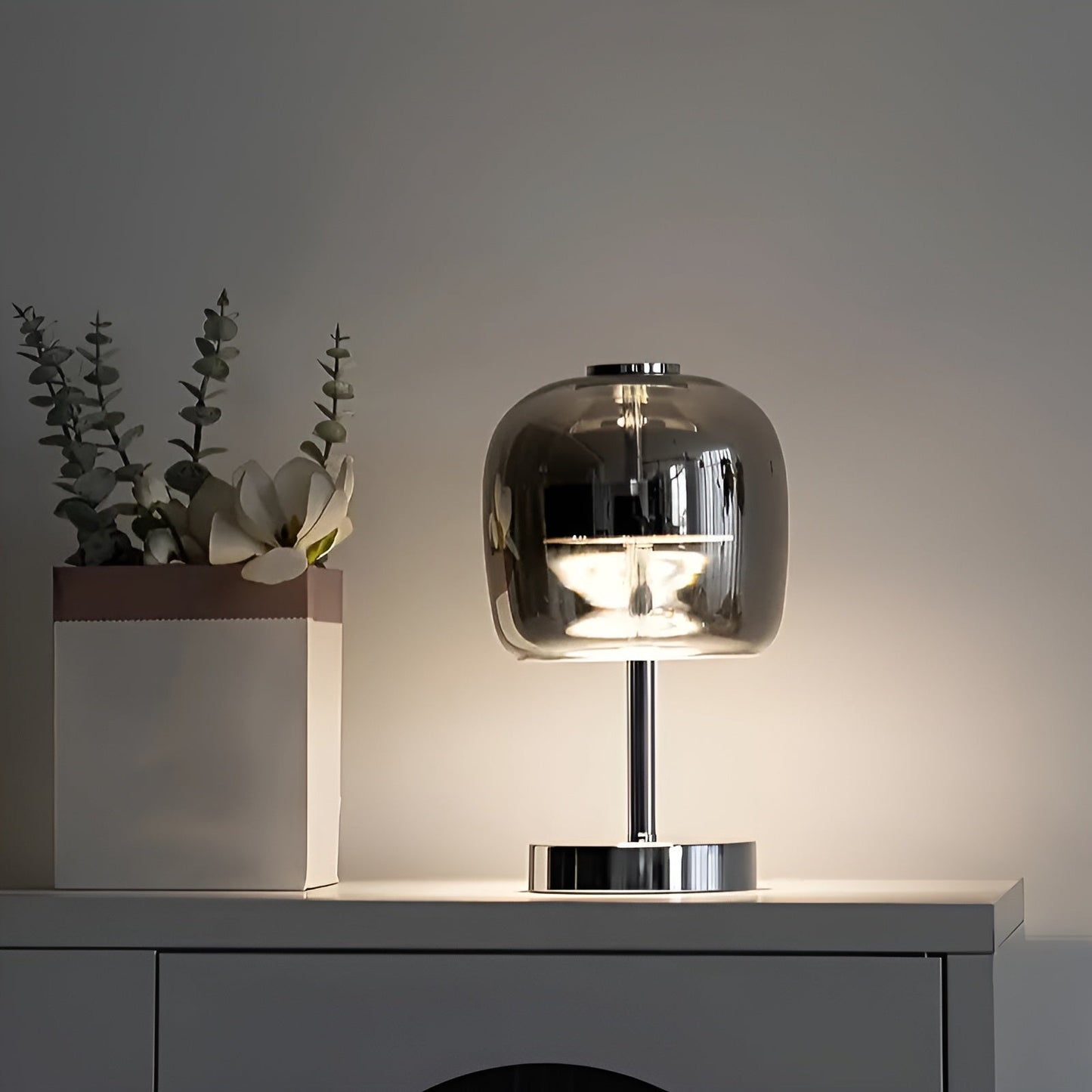 BowLift | Gleam Glass Table Lamp – Smoky Grey USB-Powered Dimmable LED Light for Bedroom & Desk