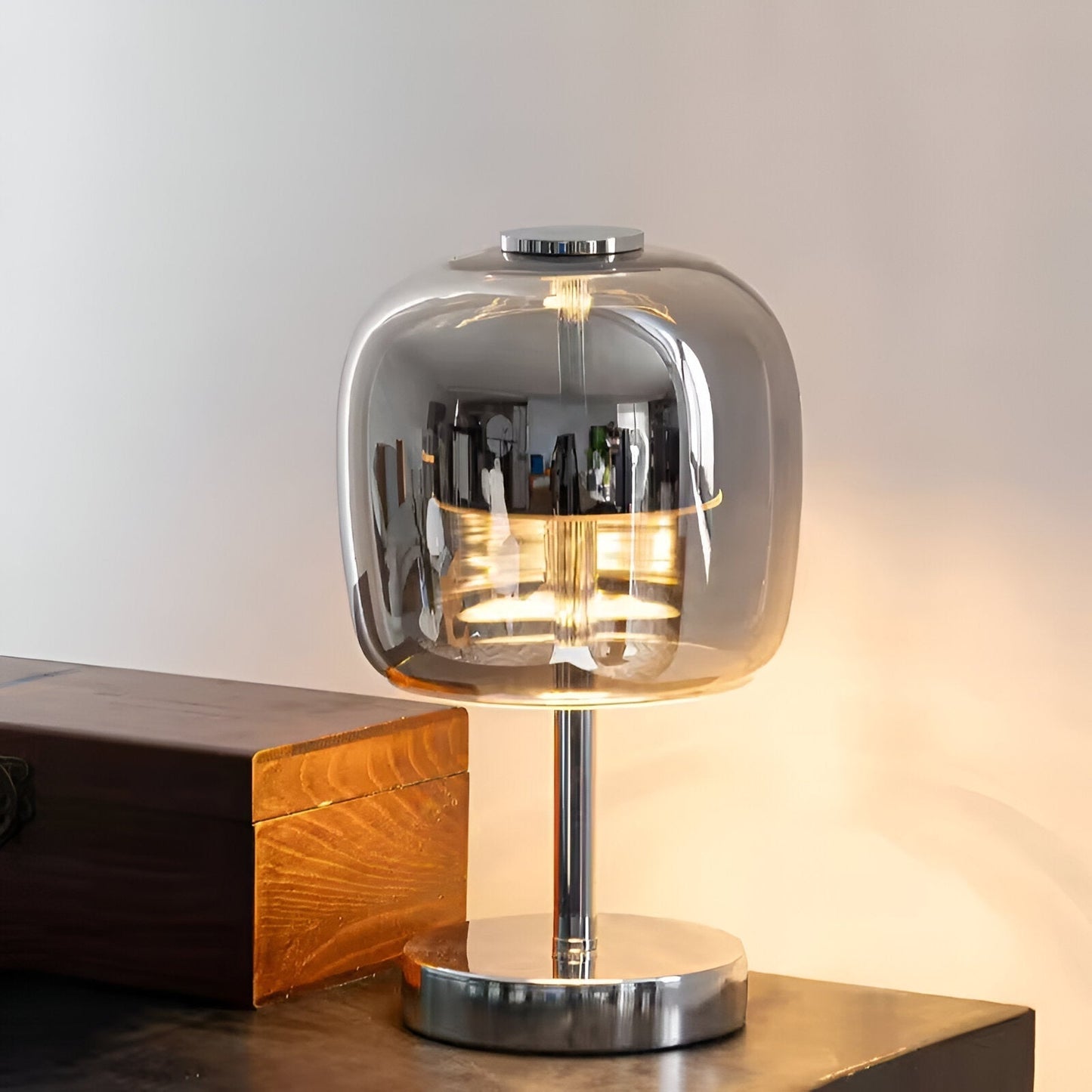 BowLift | Gleam Glass Table Lamp – Smoky Grey USB-Powered Dimmable LED Light for Bedroom & Desk