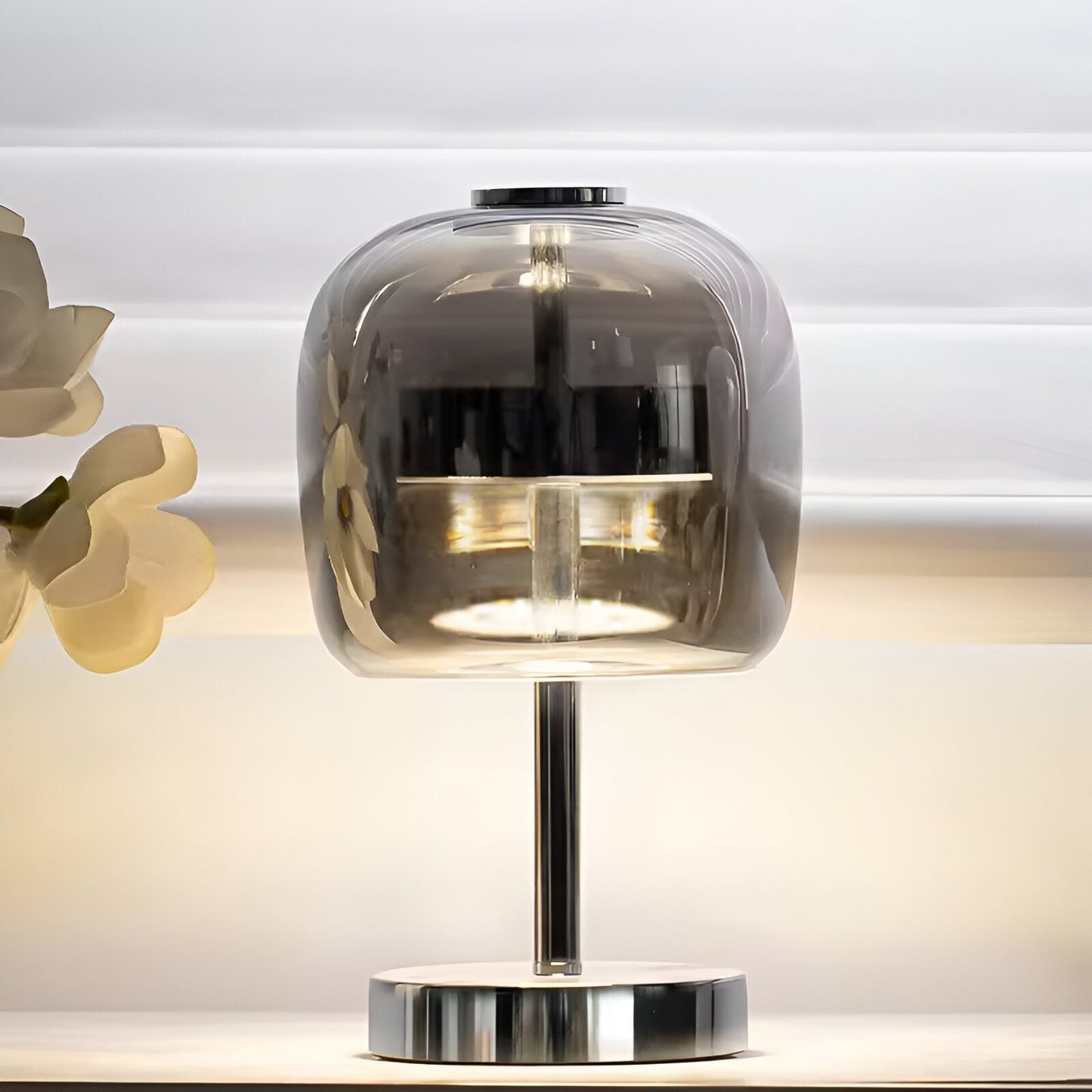 BowLift | Gleam Glass Table Lamp – Smoky Grey USB-Powered Dimmable LED Light for Bedroom & Desk
