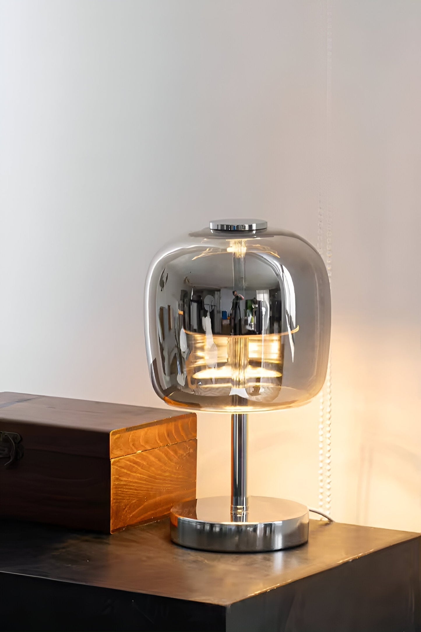 BowLift | Gleam Glass Table Lamp – Smoky Grey USB-Powered Dimmable LED Light for Bedroom & Desk