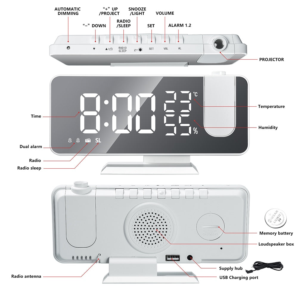 BowLift | Eindhoven Astronatic | The Best Alarm Clock with LED Screen - 180° Projector - USB Charger