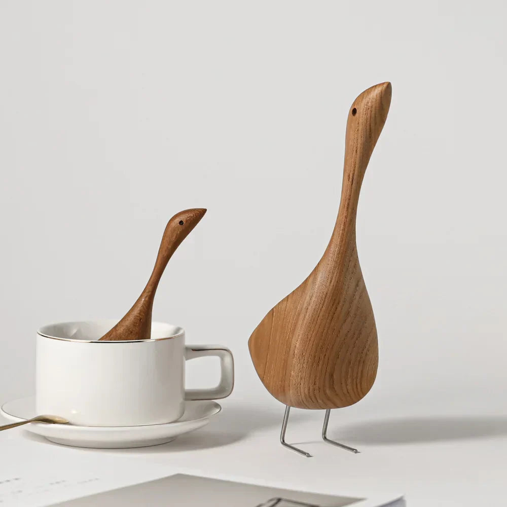 Skanto | Nordic Wooden Goose Figures Abstract Teak Wood Sculpture Love Couple Figurines Natural Animal Ornaments for Home Decoration
