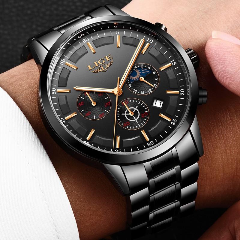 BowLift | Military Black Steel Watch – Men's Stainless Steel Wristwatch with Day, Date & Night Display