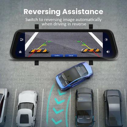 Mirror Dash Cam with 9.66-Inch Touchscreen, Dual 1280×720P Cameras and GPS