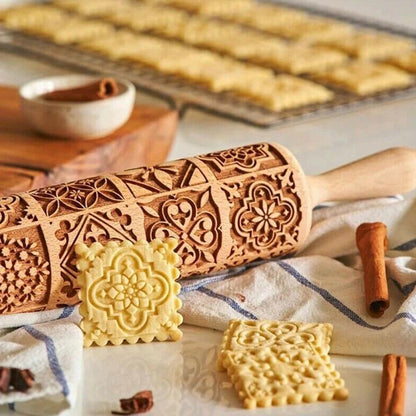 BowLift | Embossed Wooden Rolling Pin | Holiday Cookie Engraver | Handcrafted Beech Wood | JollyRoller