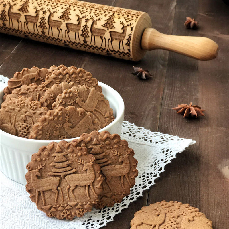 Skanto | Engraved Wooden Rolling Pin | Holiday Cookie Stamp | Handmade Beech Wood | JollyRoller