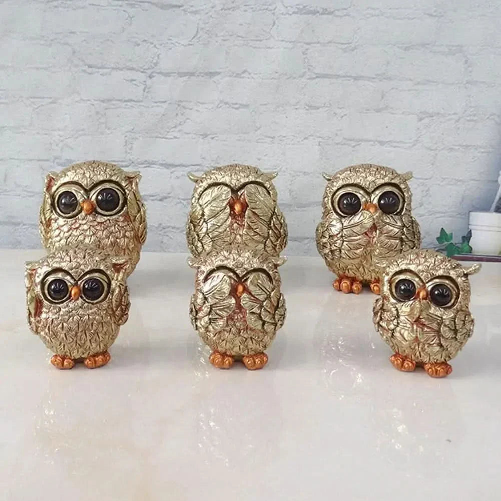 Skanto | OWLUXE – Decorative Sculpture in Antique Gold, Handmade Owl Figurine "See No Evil, Hear No Evil, Speak No Evil"