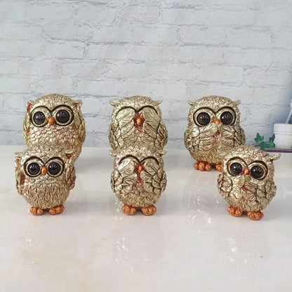 Skanto | OWLUXE – Decorative Sculpture in Antique Gold, Handmade Owl Figurine "See No Evil, Hear No Evil, Speak No Evil"