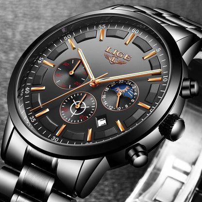 Skanto | Military Black Steel Watch – Elegant Steel Men's Watch with Waterproof Design