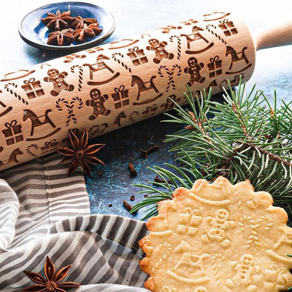 Skanto | Engraved Wooden Rolling Pin | Holiday Cookie Stamp | Handmade Beech Wood | JollyRoller