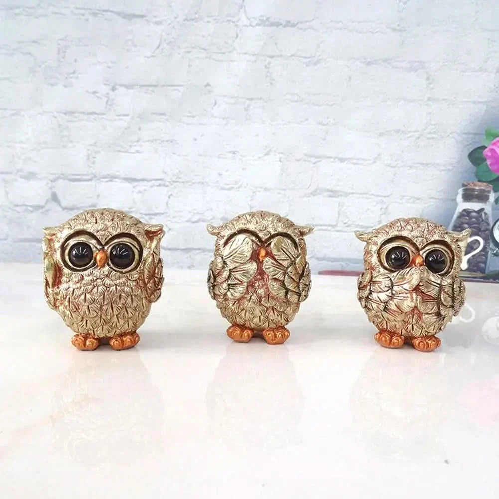 Skanto | OWLUXE – Decorative Sculpture in Antique Gold, Handmade Owl Figurine "See No Evil, Hear No Evil, Speak No Evil"