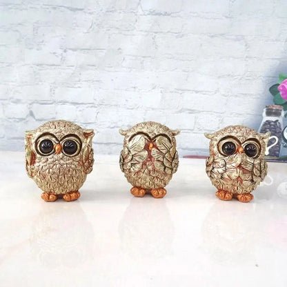 Skanto | OWLUXE – Decorative Sculpture in Antique Gold, Handmade Owl Figurine "See No Evil, Hear No Evil, Speak No Evil"