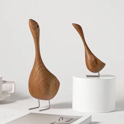 Skanto | Nordic Wooden Goose Figures Abstract Teak Wood Sculpture Love Couple Figurines Natural Animal Ornaments for Home Decoration