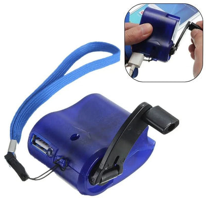 Portable emergency charger with hand crank, USB port and LED display