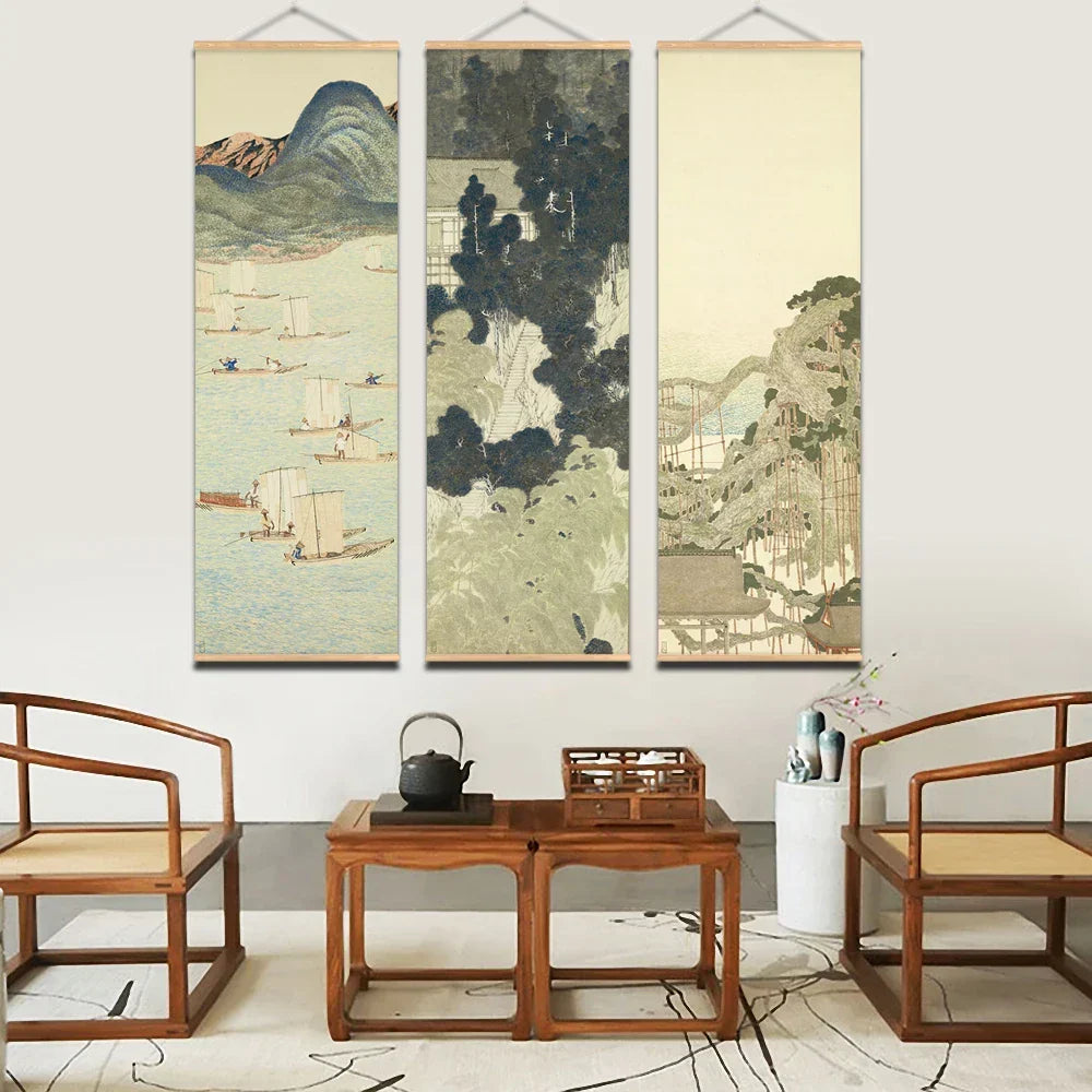 Skanto | Japanese Ou-Mi Ukiyoe Scroll Poster Landscape Wall Art Pictures Living Room Vintage Painting Country House Decor