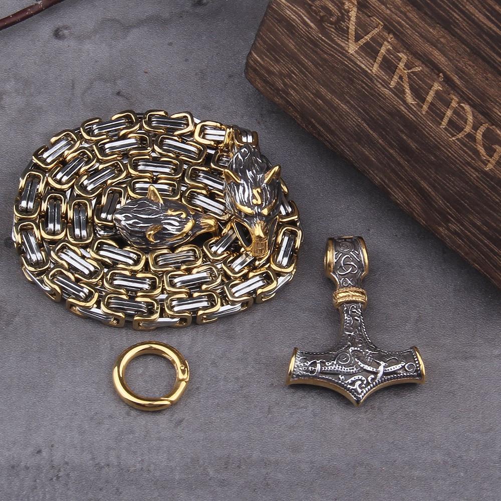 Skanto | 60–90 cm Stainless Steel Double Wolf Head & Mjolnir Survival Segment Necklace/Bracelet