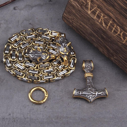 Skanto | 60–90 cm Stainless Steel Double Wolf Head & Mjolnir Survival Segment Necklace/Bracelet